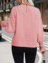Elegant Mock Neck Ruffle Top Pink Polka Dots Blouse Long Sleeve
